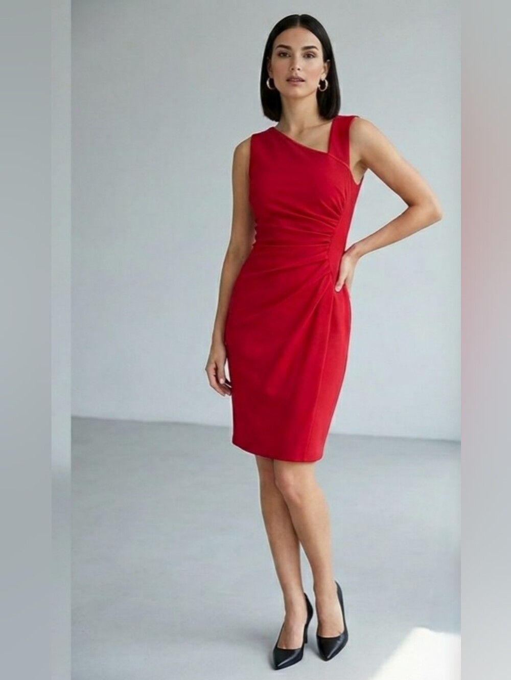Calvin Klein Red One-Shoulder Ruched Sheath Dress